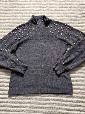 Fever Gray Pearl Mock Neck Pullover Sweater S Long Sleeve Women